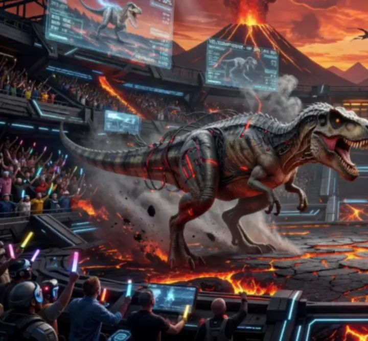 High-tech dinoszaurusz harci aréna vulkanikus háttérrel naplementében.