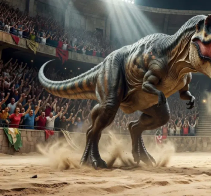 Animált dinoszaurusz harci jelenet az arénában