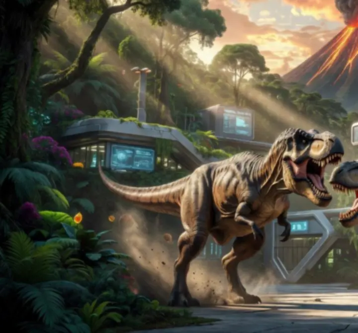 Monumentális dinoszauruszok egy futurisztikus dzsungel arénában