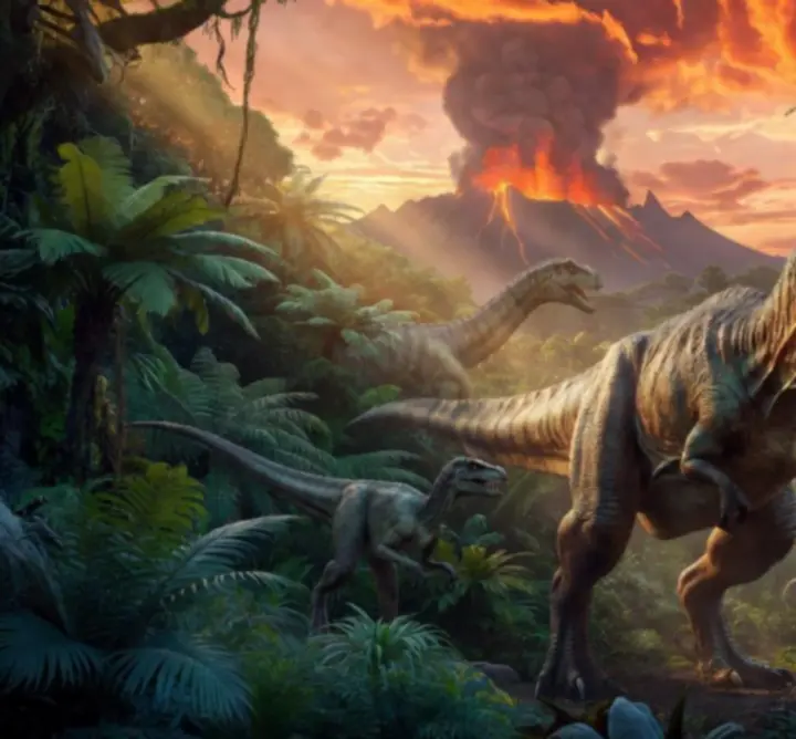 Hatalmas T-Rex és más dinoszauruszok dzsungelben, naplemente fényében