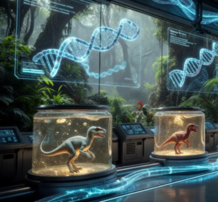 Futurisztikus dinoszaurusz genetikai laboratórium kék fényekkel
