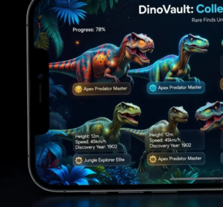 Mobil kijelzőn megjelenő digitális dinoszaurusz gyűjtői album