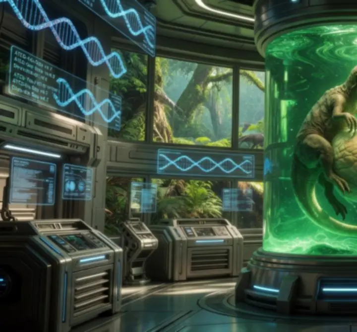 Futurista dinoszaurusz laboratórium holografikus DNS-modelllel és inkubátorokkal
