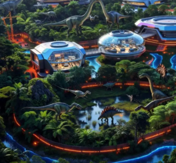 Látványos dinoszaurusz park létesítményekkel és dzsungellel
