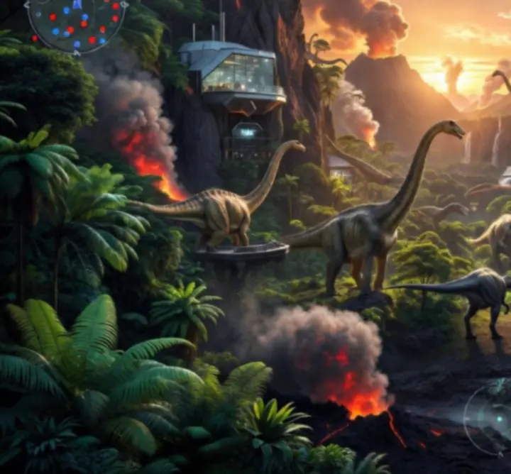 Haloras Stage vulkanikus szigetének panoráma látképe dinoszaurusz parkkal.